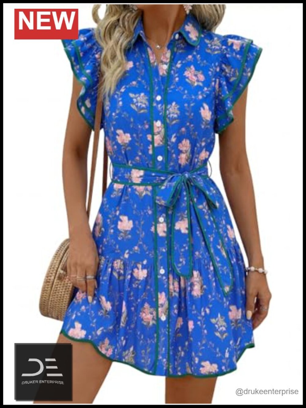 Womens Floral V Neck Ruffle Sleeve Button Down Mini Shirt Dress Waist Tie